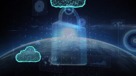 animation of clouds, padlock, letters, symbols, text and numbers over globe against space