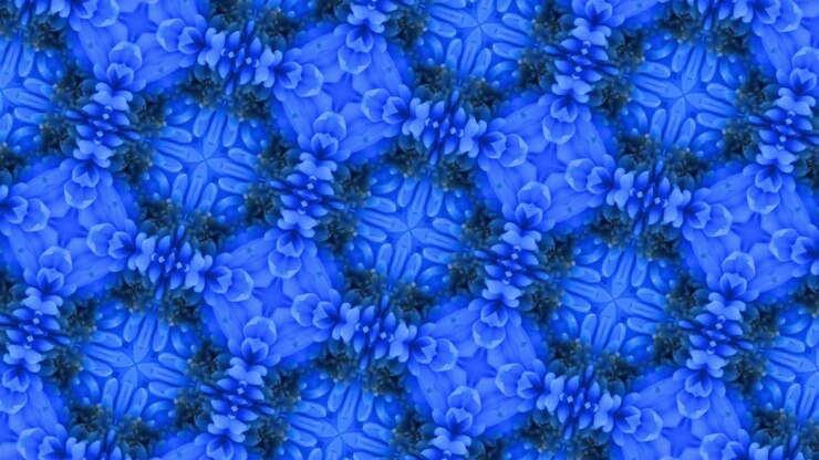 Vibrant Blue Kaleidoscope Pattern with Evolving Floral and Geometric Shapes