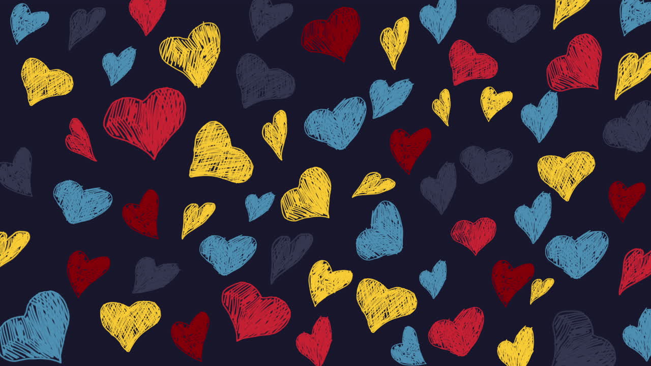 Seamless pattern with charcoal drawn cute hearts. Crayon doodle hearts wallpaper. Love motif pencil drawings. Loop animation.