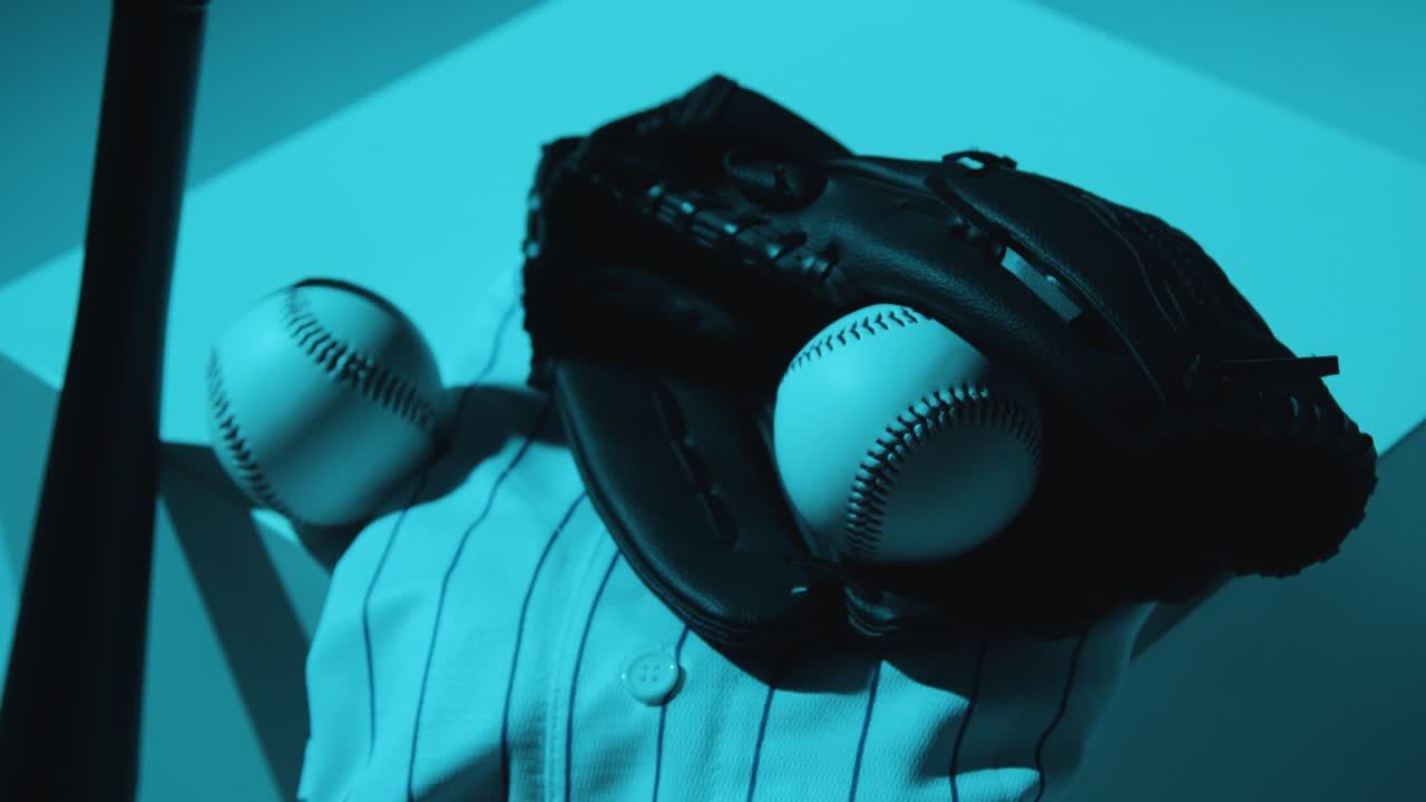 클로즈업 스튜디오 야구 still life with bat ball catchers mitt and team jersey with blue lighting