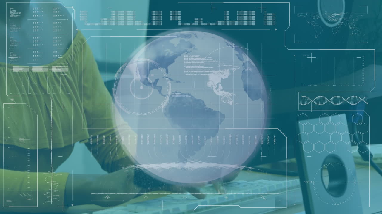 컴퓨터를 사용하여 헤드을 착용한 두 인종 여성의 애니메이션