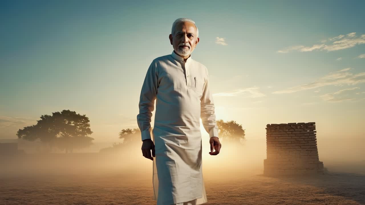 Senior politician standing confidently in traditional clothing, surrounded by a serene rural landscape at sunrise, with fog enveloping the scene and creating a powerful, tranquil atmosphere