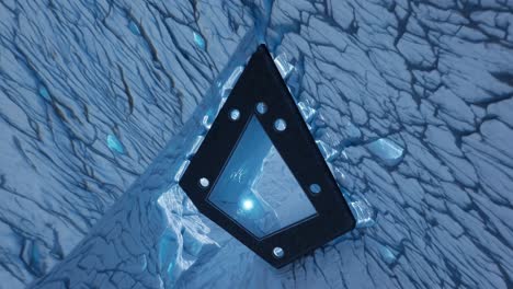 triangular metal frame revealing glacial monolith refuge entrance, with sunlight shining through, evoking themes of exploration, discovery, and survival in a harsh, icy environment