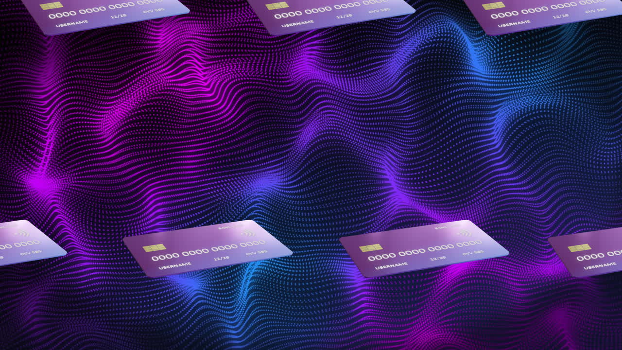 animación de tarjetas de crédito sobre formas púrpuras y azules sobre fondo negro