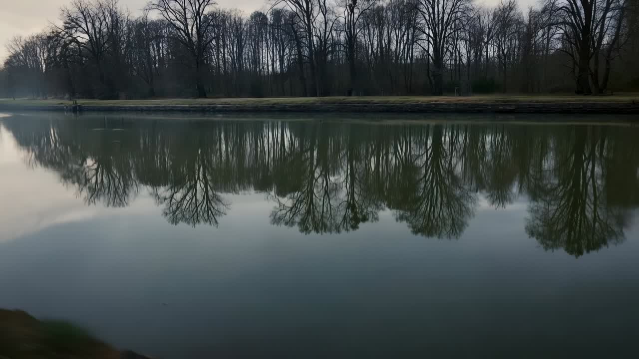 Breeze causing ripples, river channel mirroring bare trees at park, grassy bank, pale marker, path