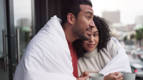 cold couple, blanket and drinking coffee outdoors