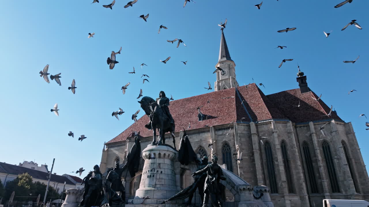 Sunny cathedral rooftop with statue, birds flying in clear blue sky, historic European town