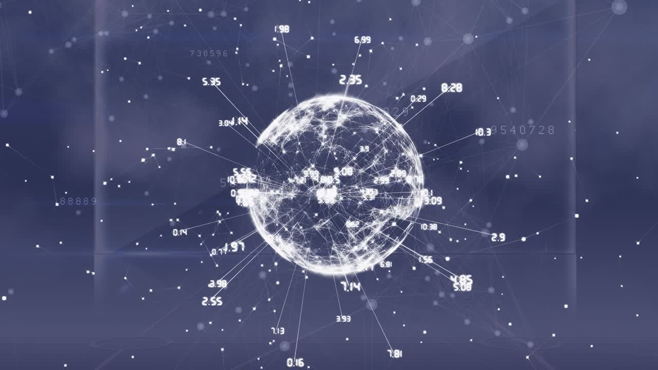 Animation of network of connections with icons over globe, shapes moving and data processing