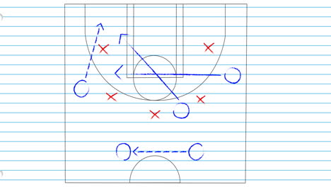 Animation-Eines-Basketballplatzes-Mit-Taktik--Und-Strategiezeichnungen-Auf-Liniertem-Papierhintergrund