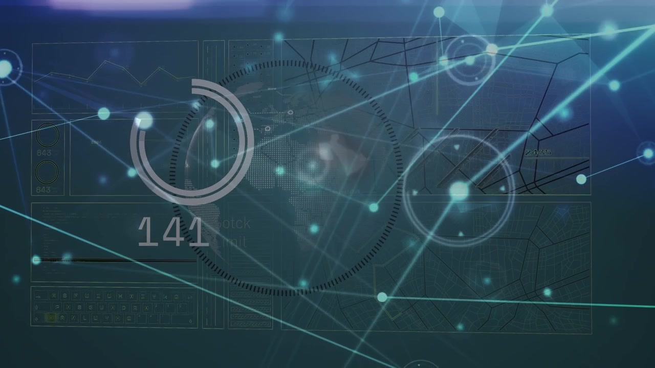 Animation of network of connections over globe and data processing on black background