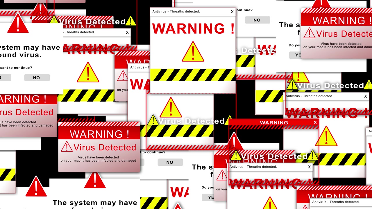 Computer virus alert warning visual stacked danger boxes antivirus threat notices red alarm frames