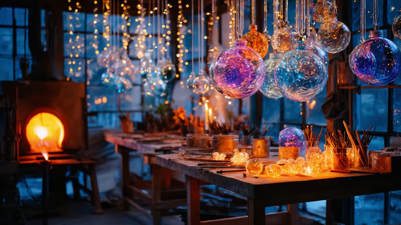 An Enchanting Glassblowing Studio Illuminated by Colorful Ornaments and Warm Lighting, Showcasing the Artistry of Glass Creation and the Magic of Craftsmanship