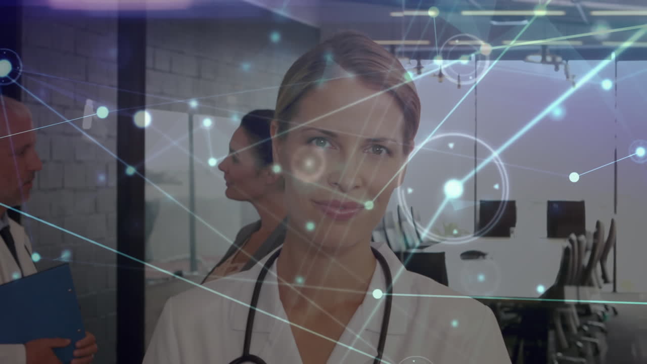 Animazione di rete di connessioni su dottoressa caucasica