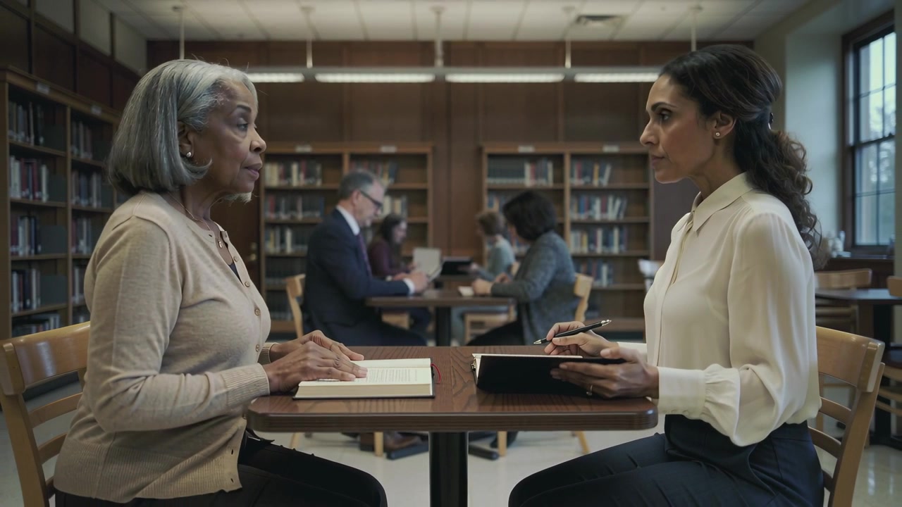 Opening books women wearing tan cardigan studying in library using black folio and pen