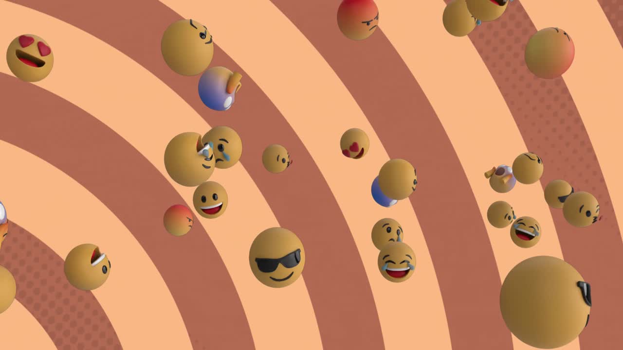 Animation of multiple emoji icons floating on rotating in seamless loop