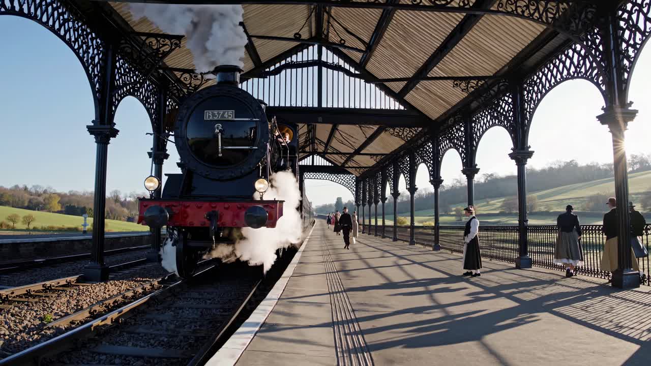 Un tren de vapor antiguo llega a una estación, capturado desde un ángulo bajo, evocando un vídeo nostálgico