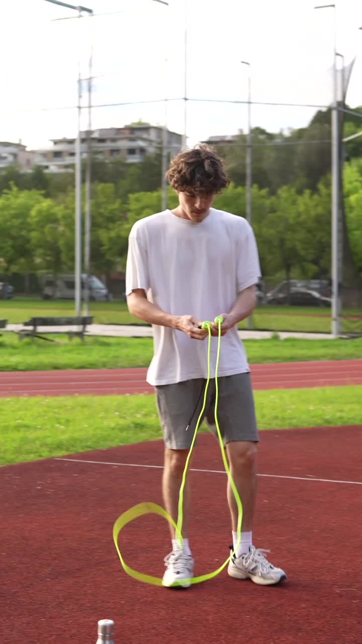 Man exercising with jump rope on track