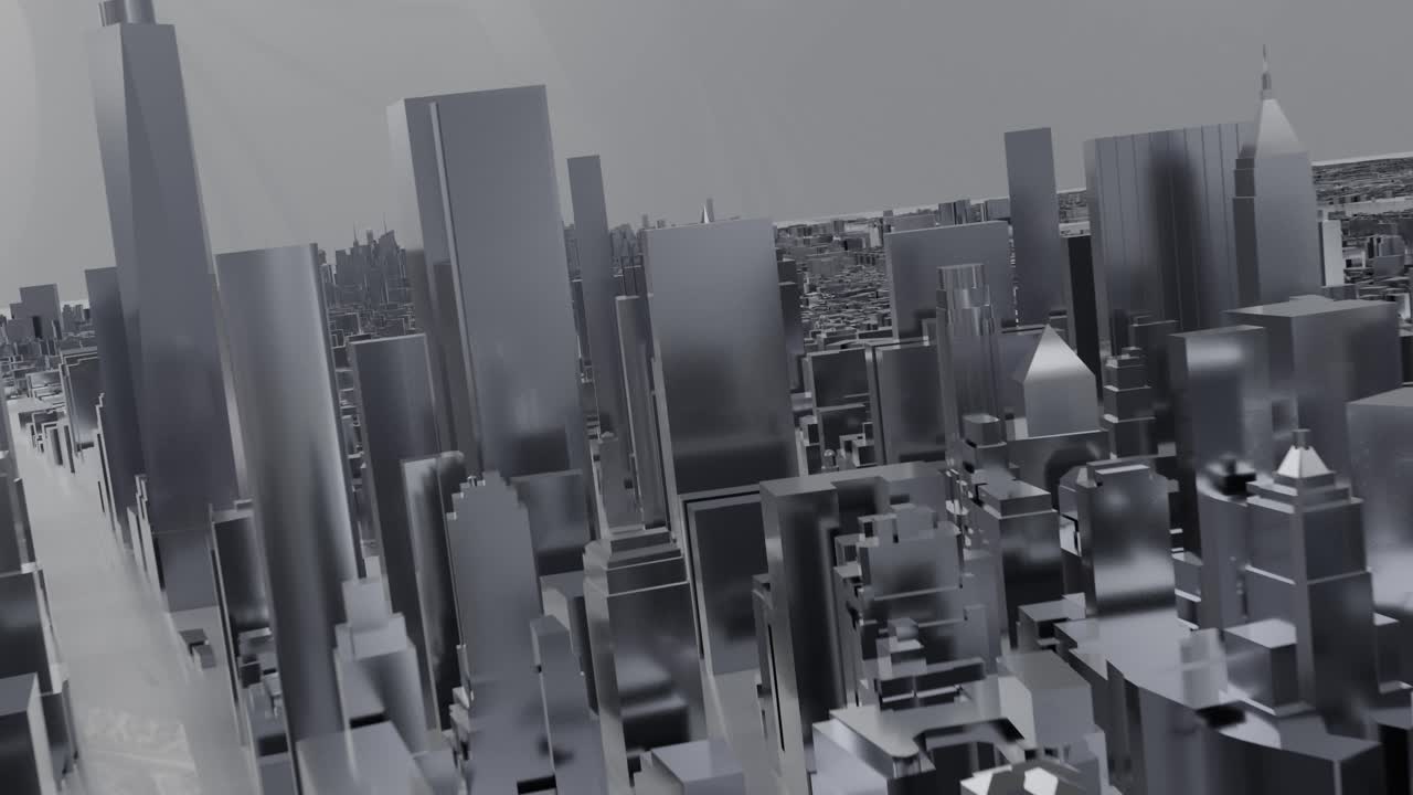 City metal silver New York NYC USA skyscrapers shiny flythrough 4k