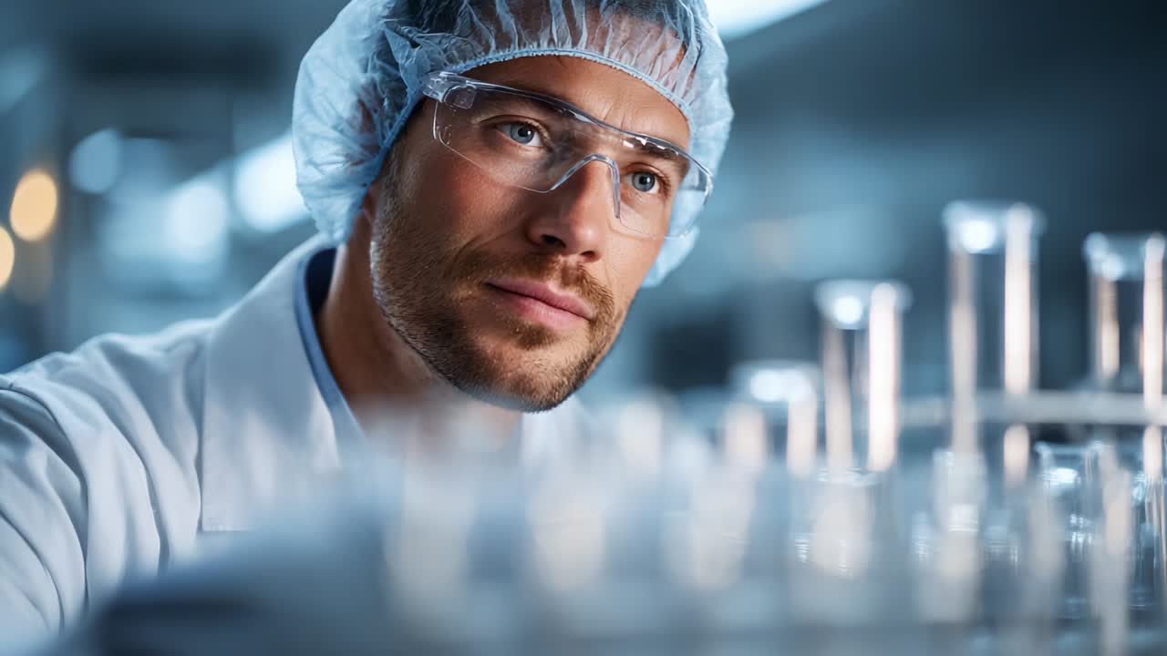 Dedicated scientist in laboratory, meticulously analyzing samples with precision. Focused on research, he embodies commitment to scientific inquiry, health advancement, and innovation in the field of biochemistry