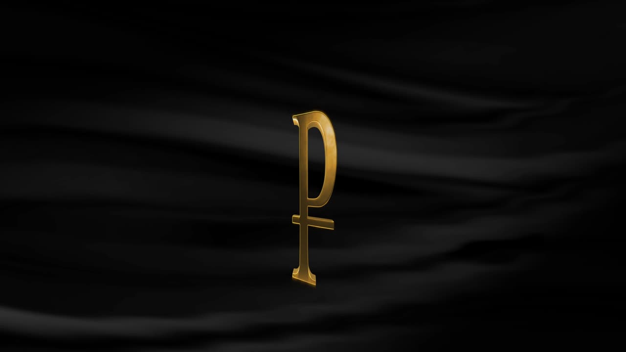 Gold Russian Rubles Sign is Turning with Waving Black Cloth Background in 4K Resolution