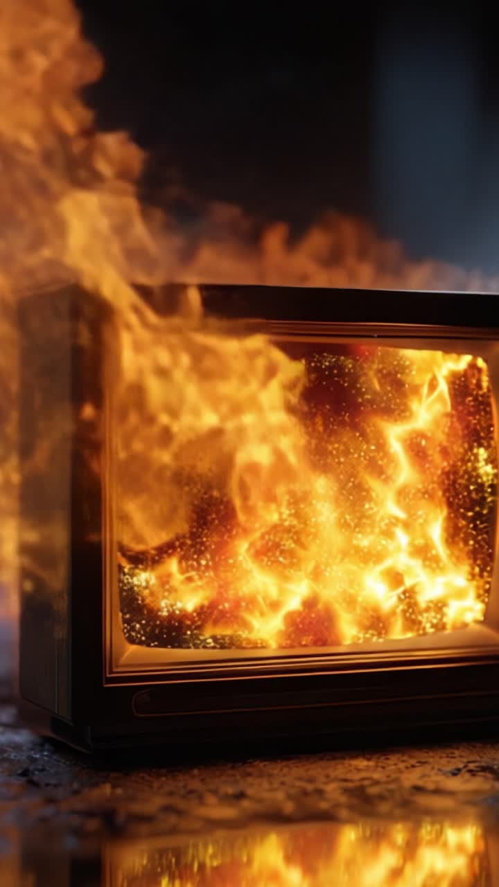 Uno spettacolo esplosivo di fiamme che erompono da un televisore vintage, catturando l'intenso momento di fuoco e luce in uno spettacolo visivo avvincente