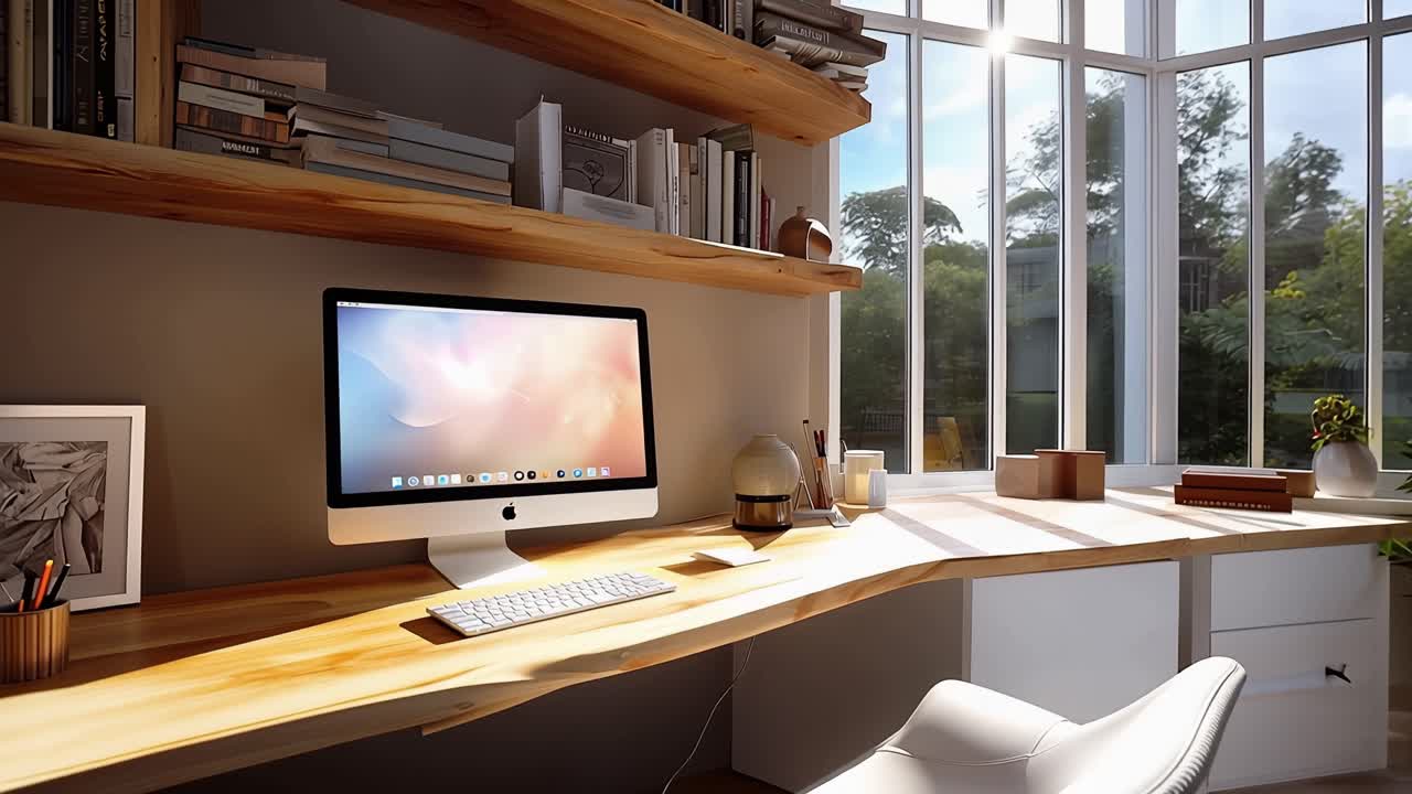 Spazio di lavoro moderno e accogliente con grandi finestre. Una luce naturale soffusa inonda la stanza. Il design minimalista fonde funzionalità e comfort. Sedia bianca e scrivania in legno invitano alla produttività