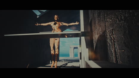 bronze figure in a post-apocalyptic landscape