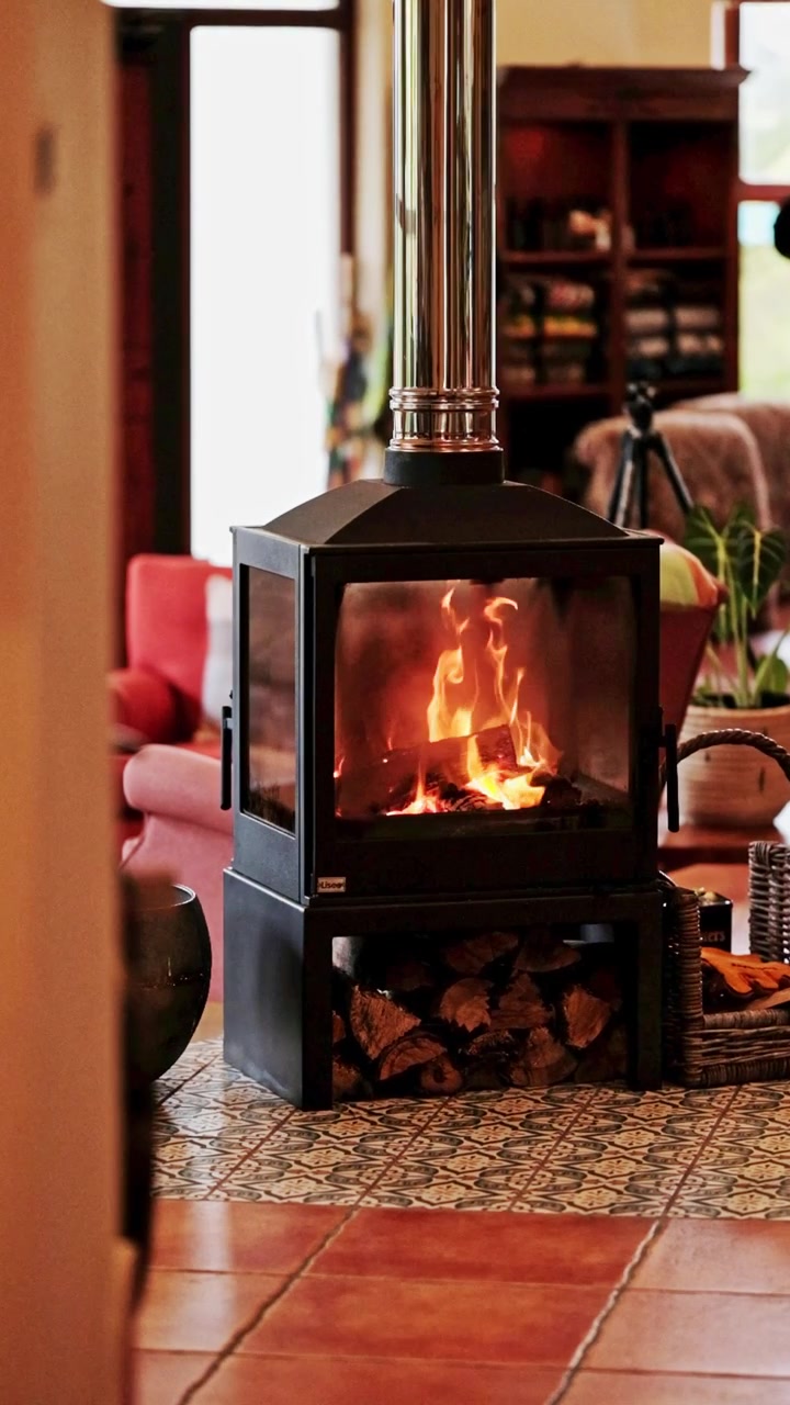 Vertical shot of a cozy wood burner stove with a fire burning