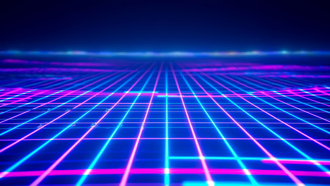 Griglia al Neon Blu e Rosa Luminosa che si Muove in uno Spazio Digitale