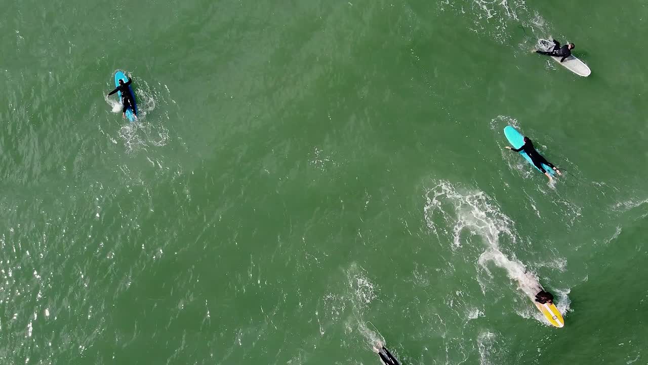 Aerial view of surfers paddling on surfboards, preparing to catch waves in the ocean, top down view