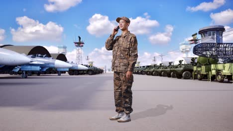 full body of side view asian man soldier talking on smartphone and looking around while standing at military camp