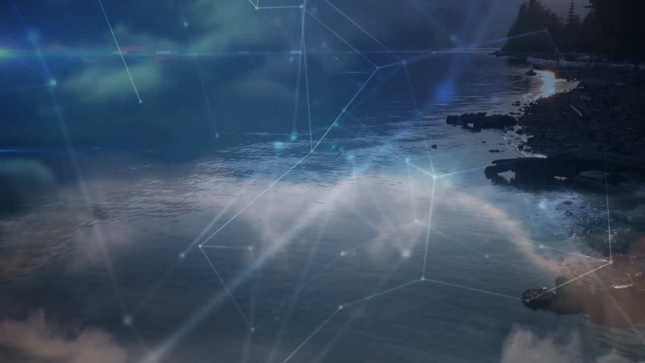 Network of connections and data processing animation over serene ocean landscape