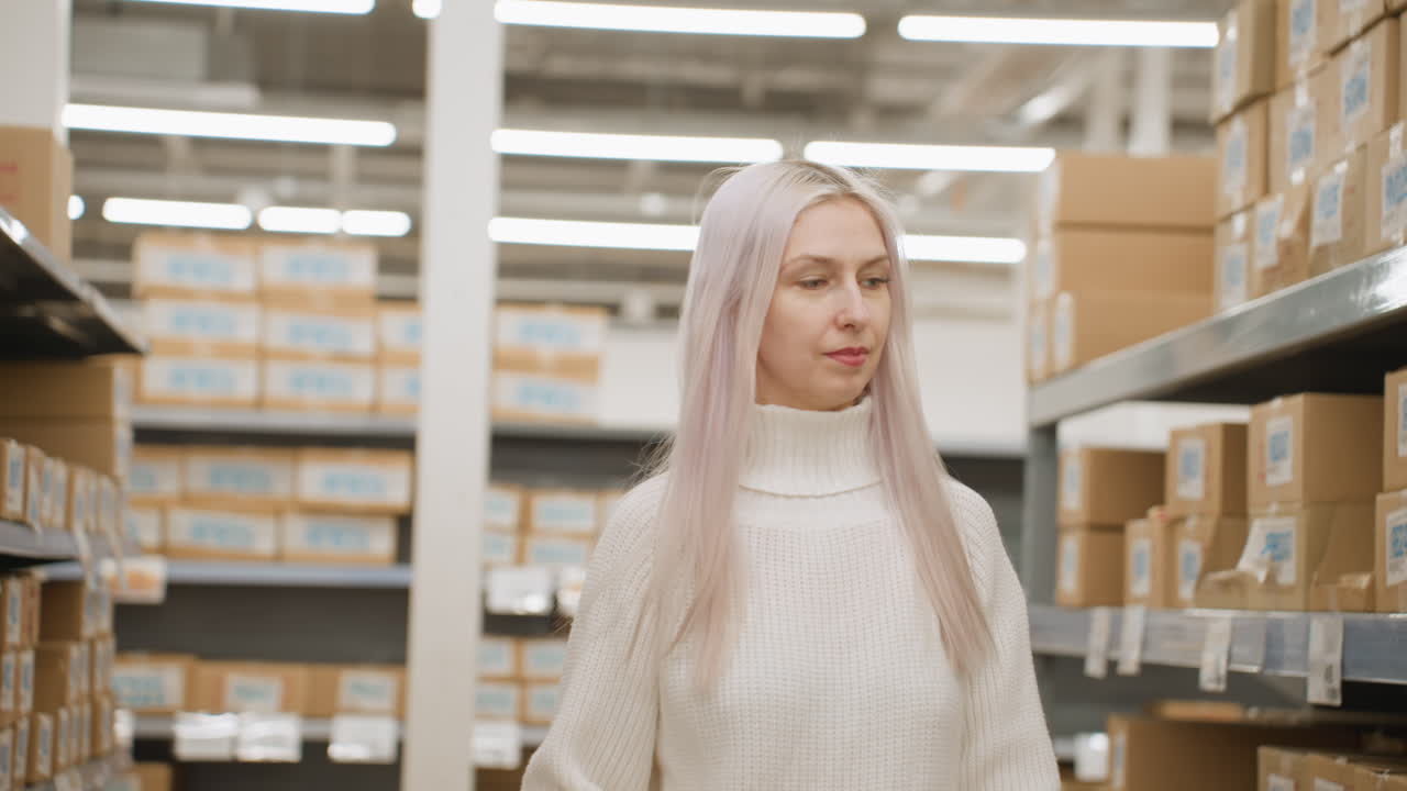 Female buyer calmly pushes trolley through lit supermarket aisle, scanning stacked shelves, eyes moving side to side evaluating supply options, deciding which products to pick for family list