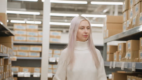 female buyer calmly pushes trolley through lit supermarket aisle, scanning stacked shelves, eyes moving side to side evaluating supply options, deciding which products to pick for family list