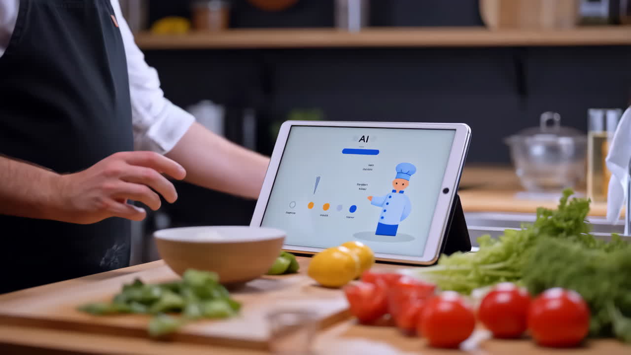 Man cooking in kitchen with AI cooking assistant on tablet