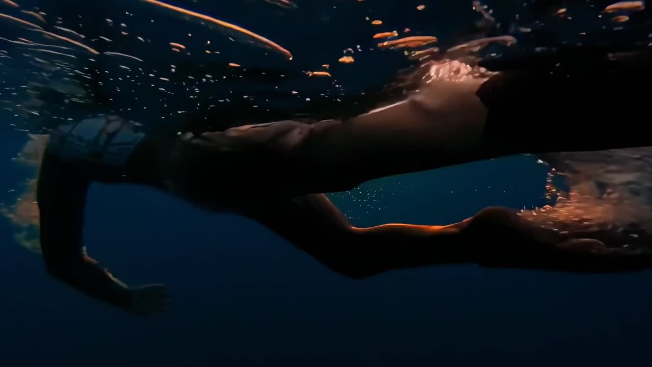 Video fra lav vinkel af en svømmer ved solnedgang, der fanger plask og levende himmelrefleksioner.