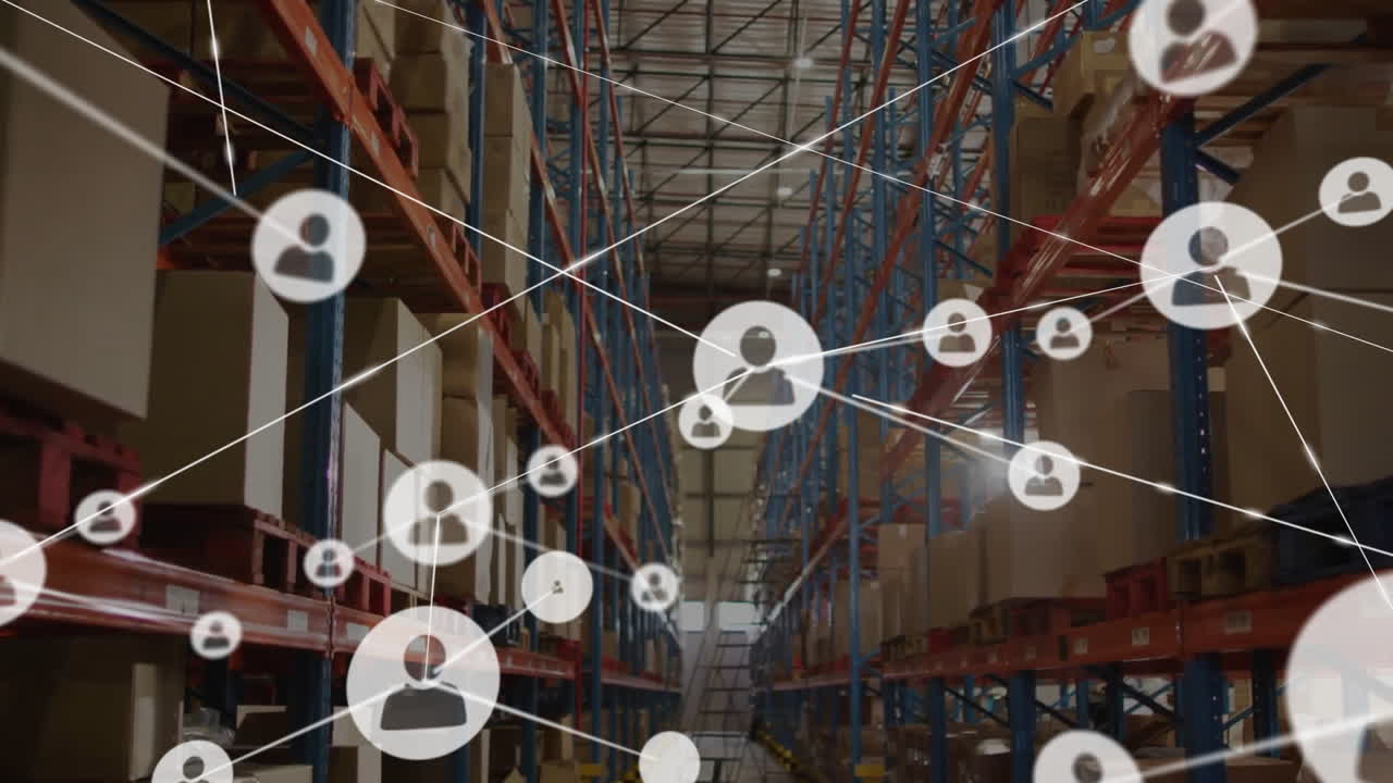 Animation of network of people icons over goods on shelves in storage warehouse