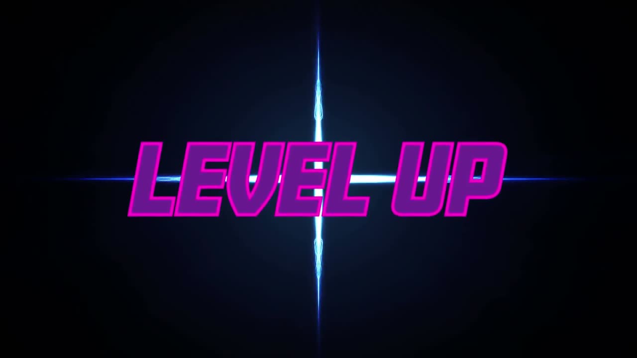 Animation of level up text over blue lights on black background