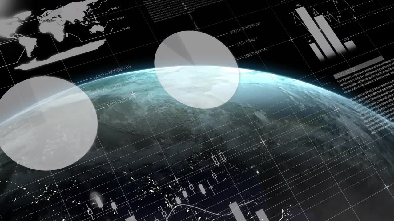 Fading UI elements initiating over grid while revolving 3D Earth globe showcasing live data metrics