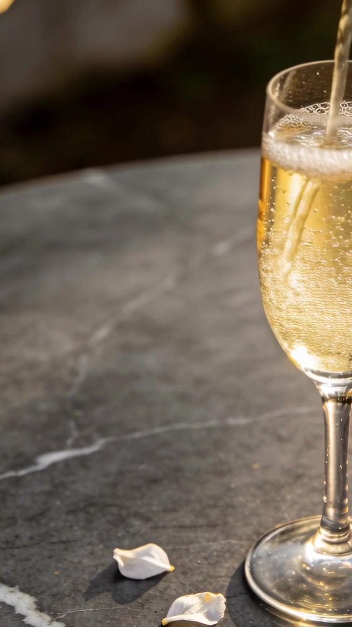 Video verticale: Liquido versato sopra un calice che si riempie su un tavolo in pietra da patio con petali, spazio per il testo.