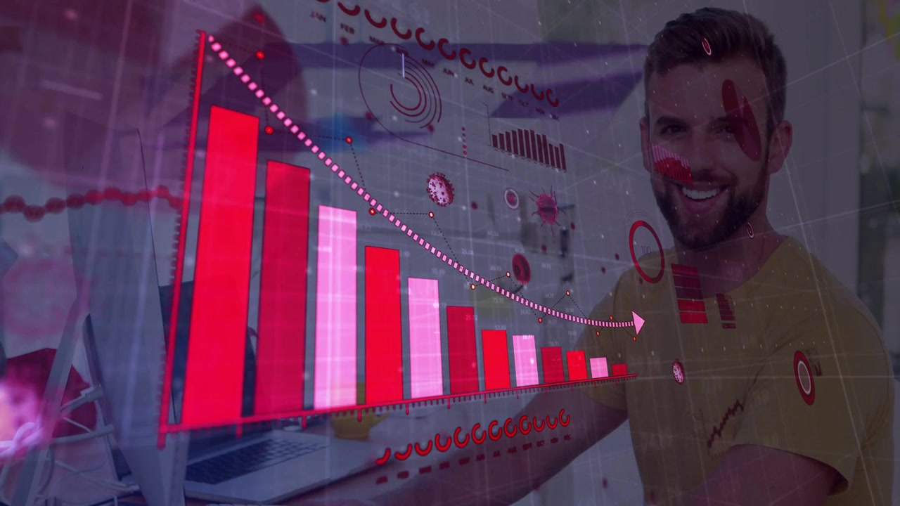 Empleado de oficina masculino escribiendo e iniciando un gráfico de barras rojo que se expande para revisar datos de ventas en declive