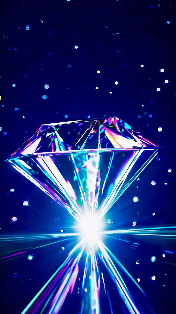 A vibrant, glowing diamond reflecting colorful lights, captured from a low angle