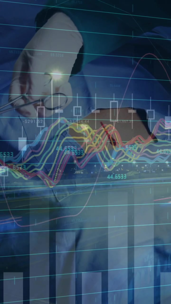 Financial data and graphs over caucasian woman in city coronavirus and economy concept
