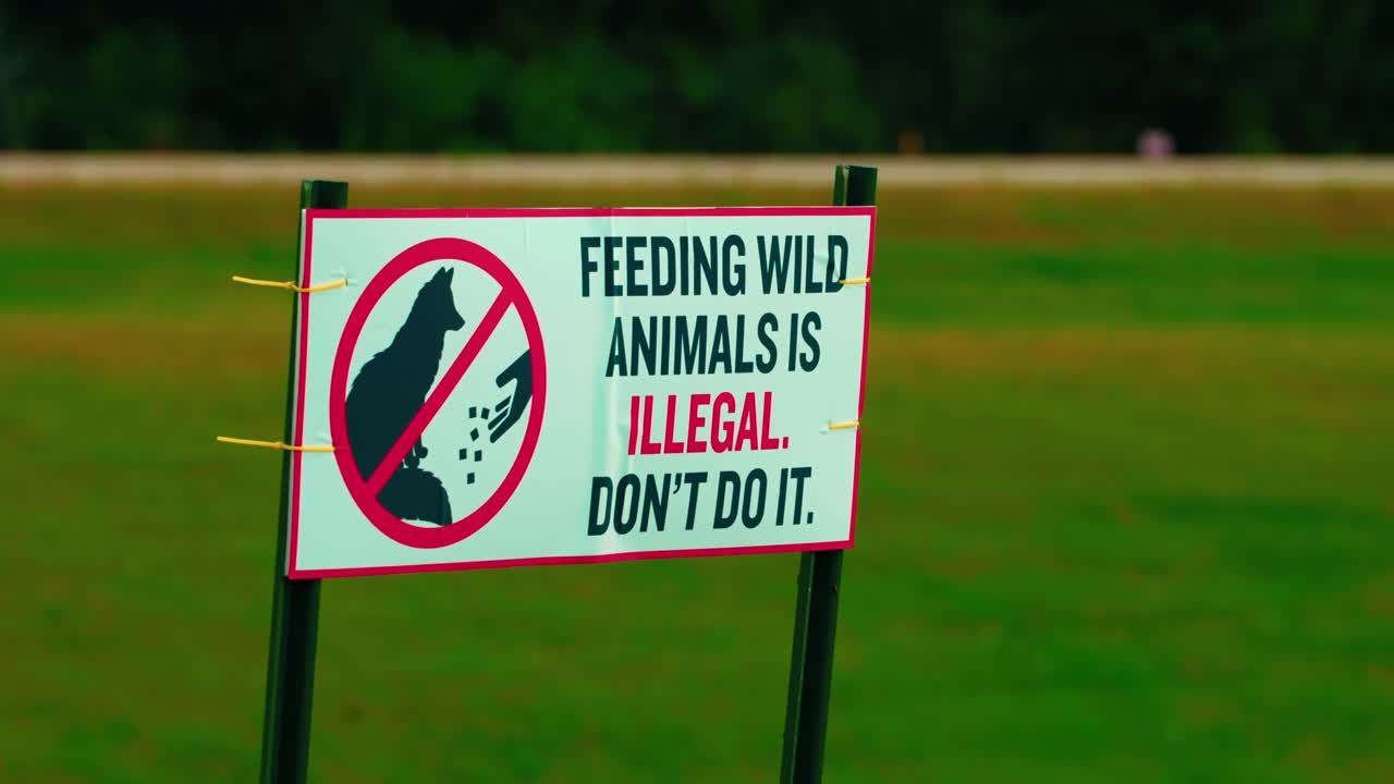 Close shot of roadside warning placard "feeding wild animals is illegal" in grassy park verge as a vehicle passes in the background