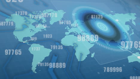 animación de números cambiando y escaneo de alcance sobre el mapa del mundo sobre fondo azul