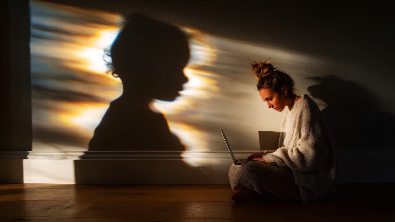 A woman working on a laptop sits on the floor, illuminated by soft light and casting a captivating shadow of a child's profile against the wall, creating a blend of technology and tenderness