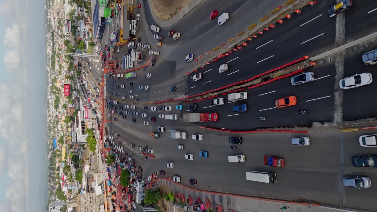 Aerial View of Busy Highway with Traffic and Construction