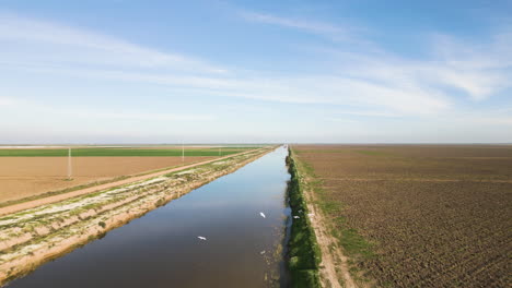 agricultural fields with irrigation canal full of water, aerial view