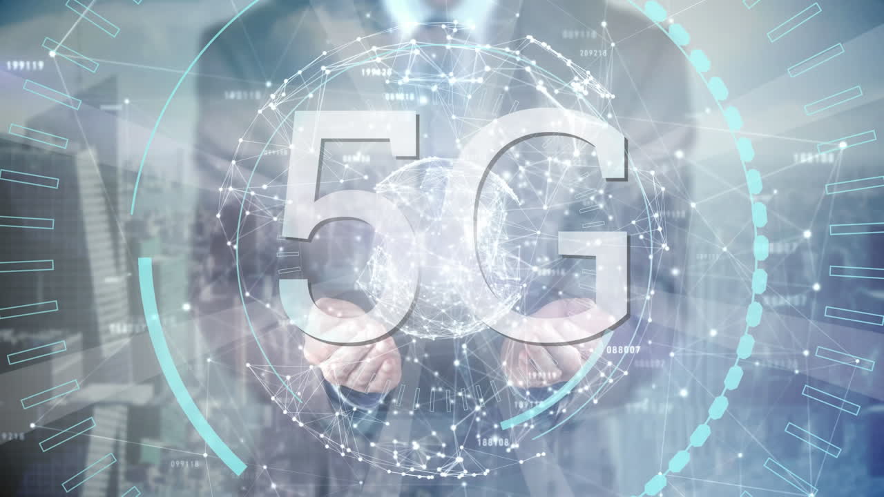 5g visualizzato in un cerchio con un uomo d'affari sullo sfondo