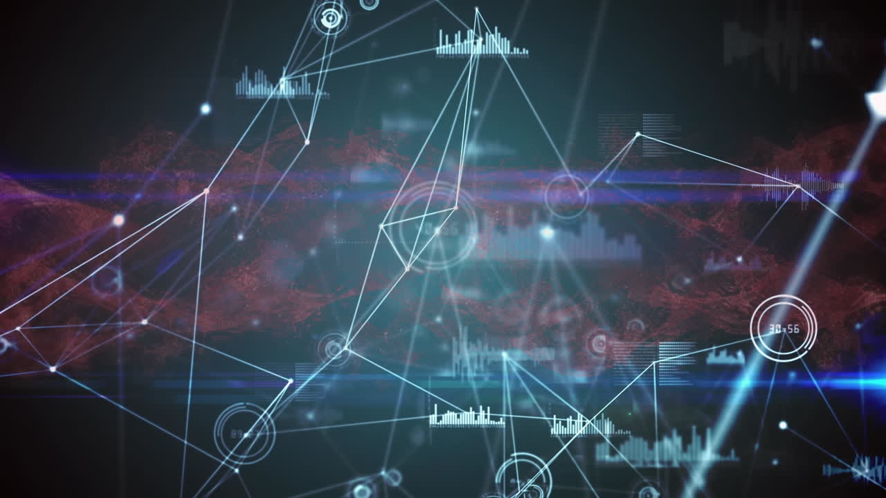 렌즈 플레어가 추상적인 패턴 위에 움직이는 연결된 점과 그래프 아이콘의 애니메이션